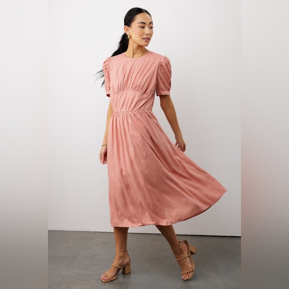 Bohme Linen Blend Cyrus Midi Dress in Pink with Puff Short Sleeves - Picture 4 of 14